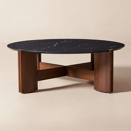 Tule 47" Round Black Marble and Walnut Wood Coffee Table by Lawson-Fenning