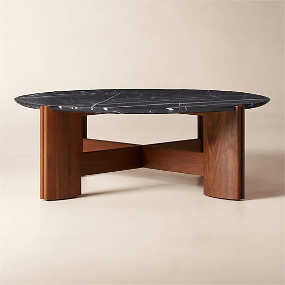 Tule 47" Round Black Marble and Walnut Wood Coffee Table by Lawson-Fenning