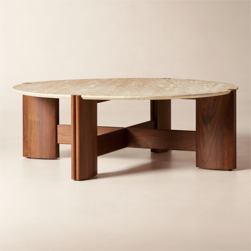 Tule Round Travertine and Walnut Wood Coffee Table by Lawson-Fenning - image 3 of 5