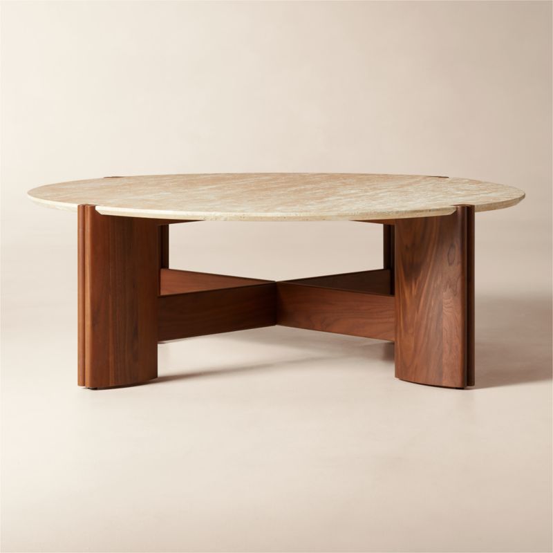 Tule Round Travertine and Walnut Wood Coffee Table by Lawson-Fenning - image 0 of 5