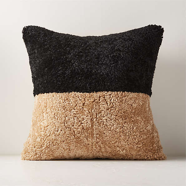 Shearling Charcoal Saddle Leather Lumbar Pillow