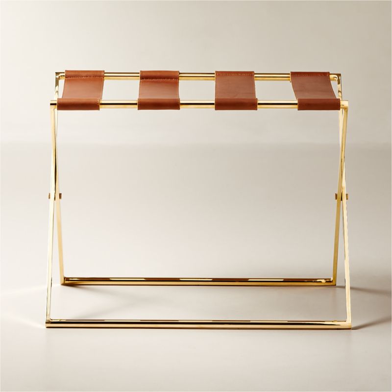 Unlacquered Brass and Saddle Leather Luggage Rack - image 0 of 4