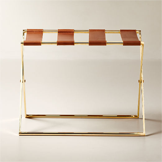 Unlacquered Brass and Saddle Leather Luggage Rack