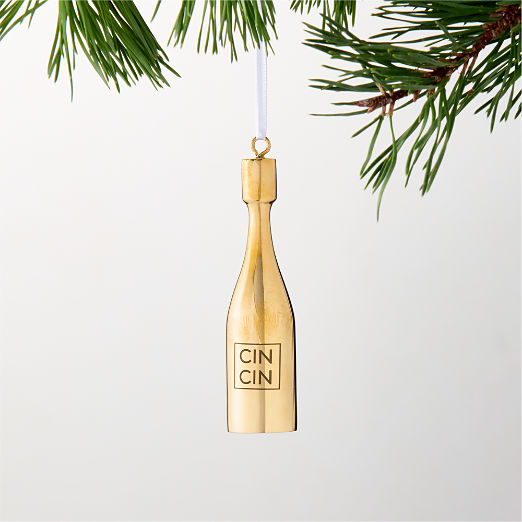 Unlacquered Brass Champagne Bottle Christmas Tree Ornament
