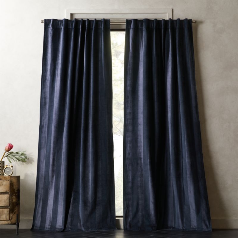 Navy Stripe Velvet Curtain Panel Cb2
