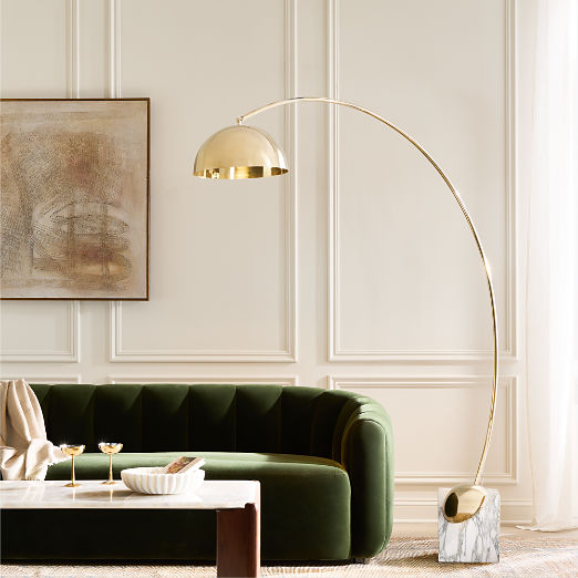 Venus Champagne Brass Arc Floor Lamp with White Marble Base