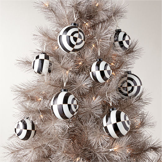 Versailles Black and White Glass Christmas Tree Ornaments Set of 8