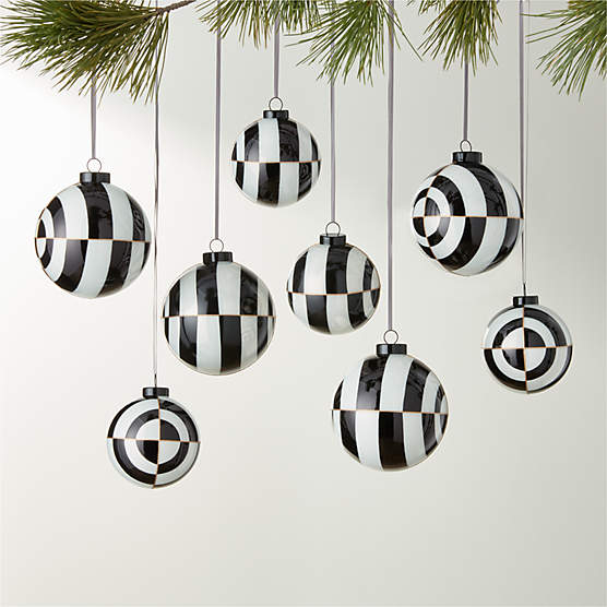 Versailles Black and White Glass Christmas Tree Ornaments Set of 8