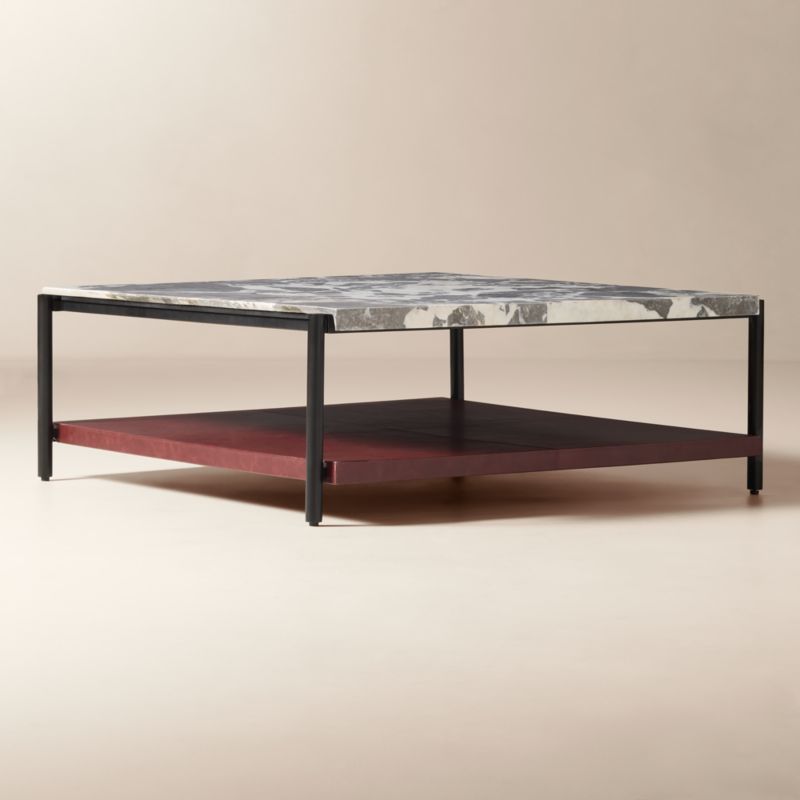 Verum 48" Square Oxblood Leather Coffee Table With Grey Marble Top - image 1 of 4
