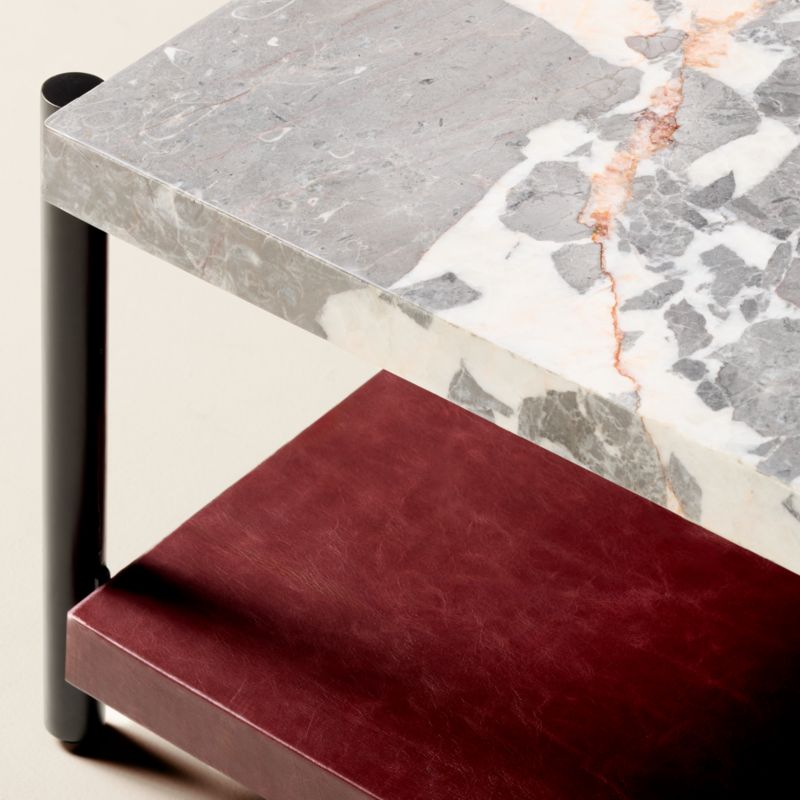 Verum 48" Square Oxblood Leather Coffee Table With Grey Marble Top - image 2 of 4