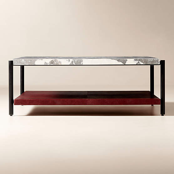 Verum 48" Square Oxblood Leather Coffee Table With Grey Marble Top
