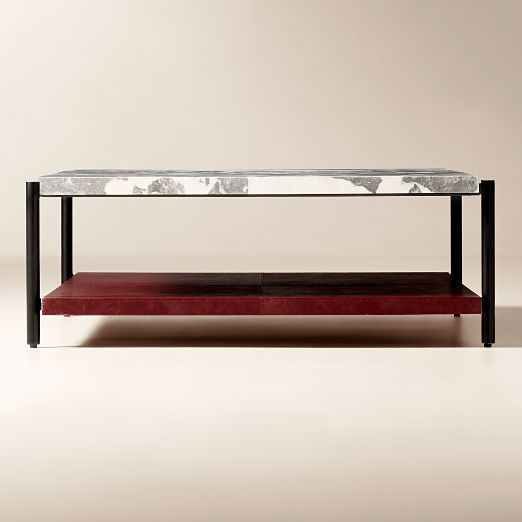 Verum 48" Square Oxblood Leather Coffee Table With Grey Marble Top