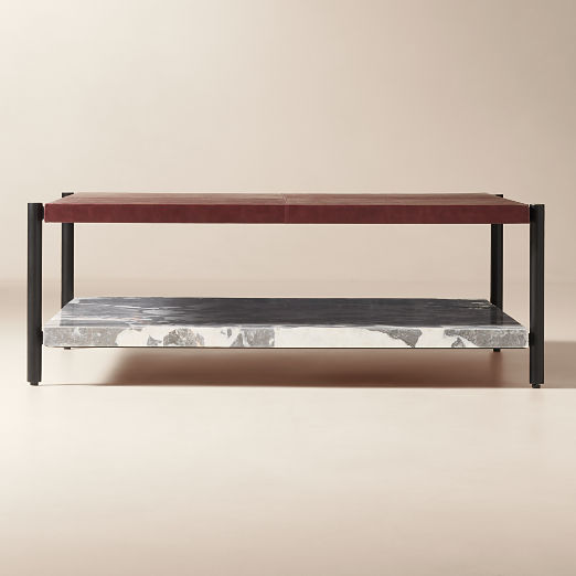 Verum 48" Square Grey Marble Coffee Table With Oxblood Leather Top
