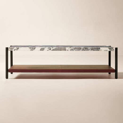 Verum 60" Rectangular Oxblood Leather Coffee Table With Grey Marble Top