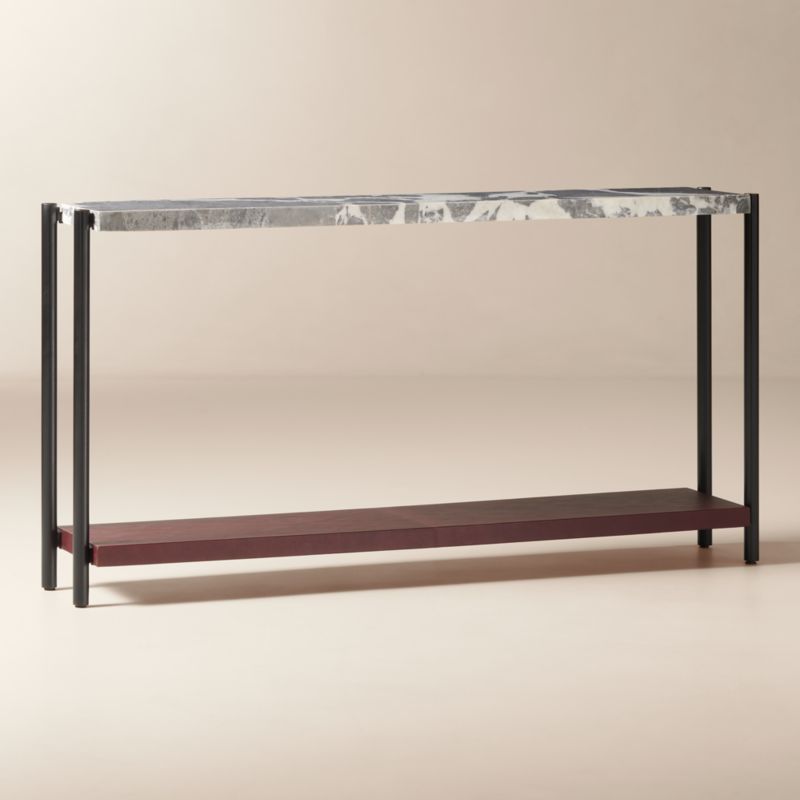 Verum 65" Oxblood Leather and Grey Marble Console Table