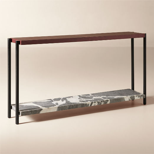 Verum 65" Oxblood Leather and Grey Marble Console Table
