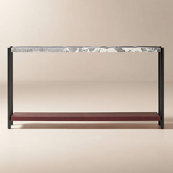 Verum 65" Oxblood Leather and Grey Marble Console Table