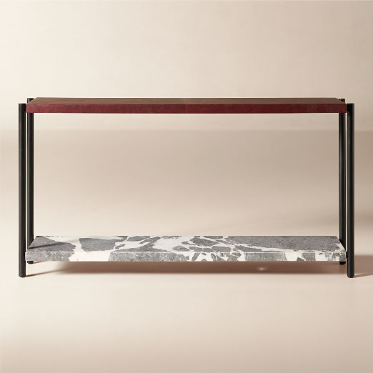 Verum 65" Oxblood Leather and Grey Marble Console Table