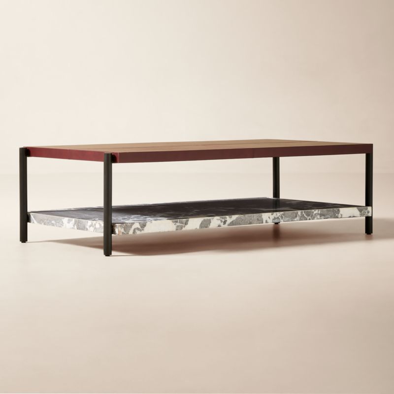 Verum 60" Rectangular Grey Marble Coffee Table With Oxblood Leather Top - image 2 of 4