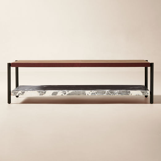 Verum 60" Rectangular Grey Marble Coffee Table With Oxblood Leather Top