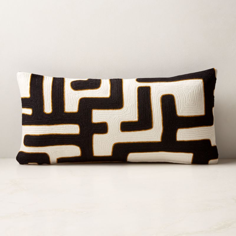 View Vitali Embroidered Black and White Lumbar Pillow with Feather-Down Insert 23''x11'' details