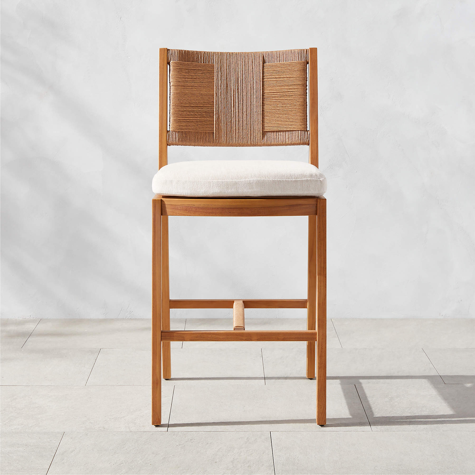Roc Modern Teak and Rattan Outdoor Bar Stool with White Sunbrella
