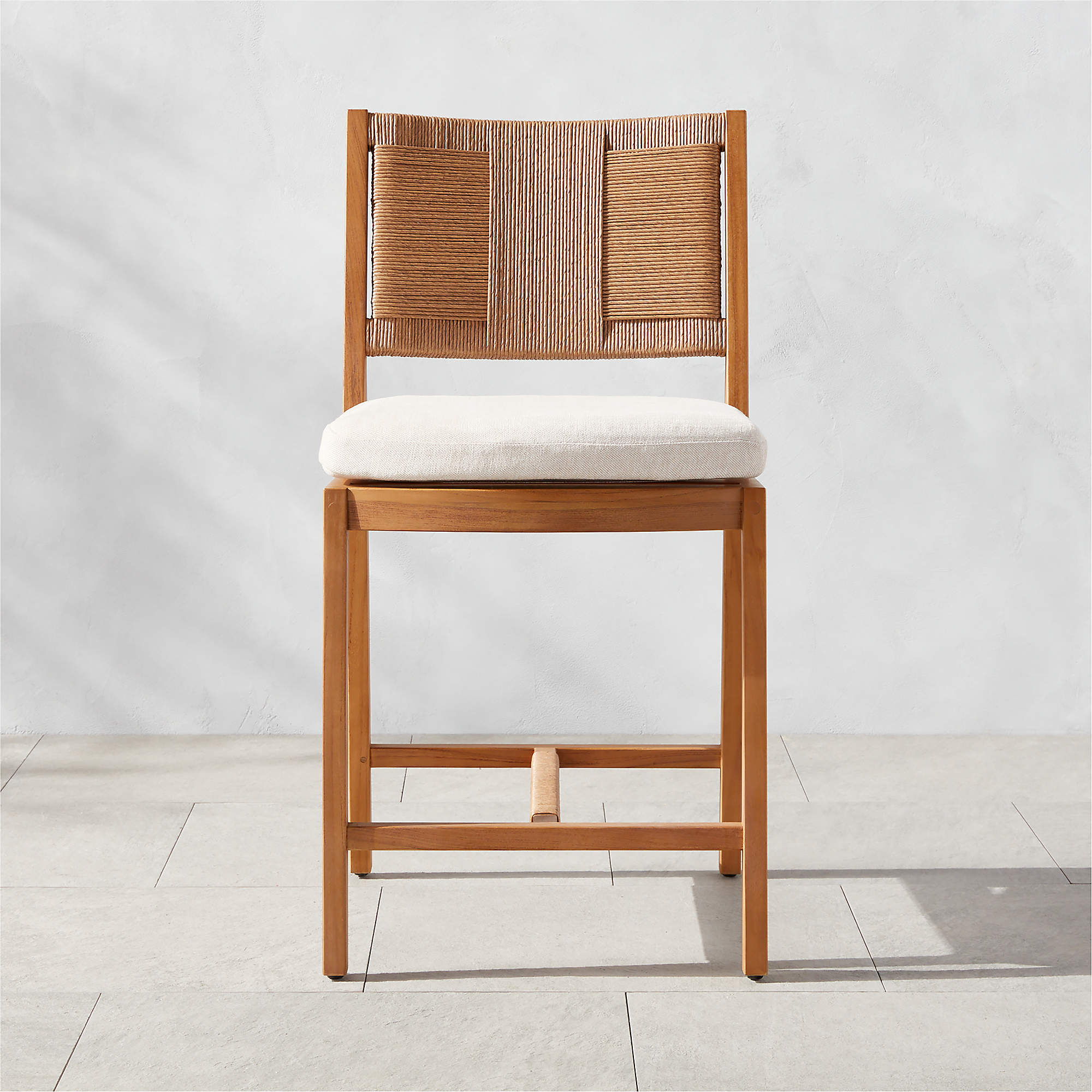 Roc Modern Teak and Rattan Outdoor Counter Stool with White Sunbrella