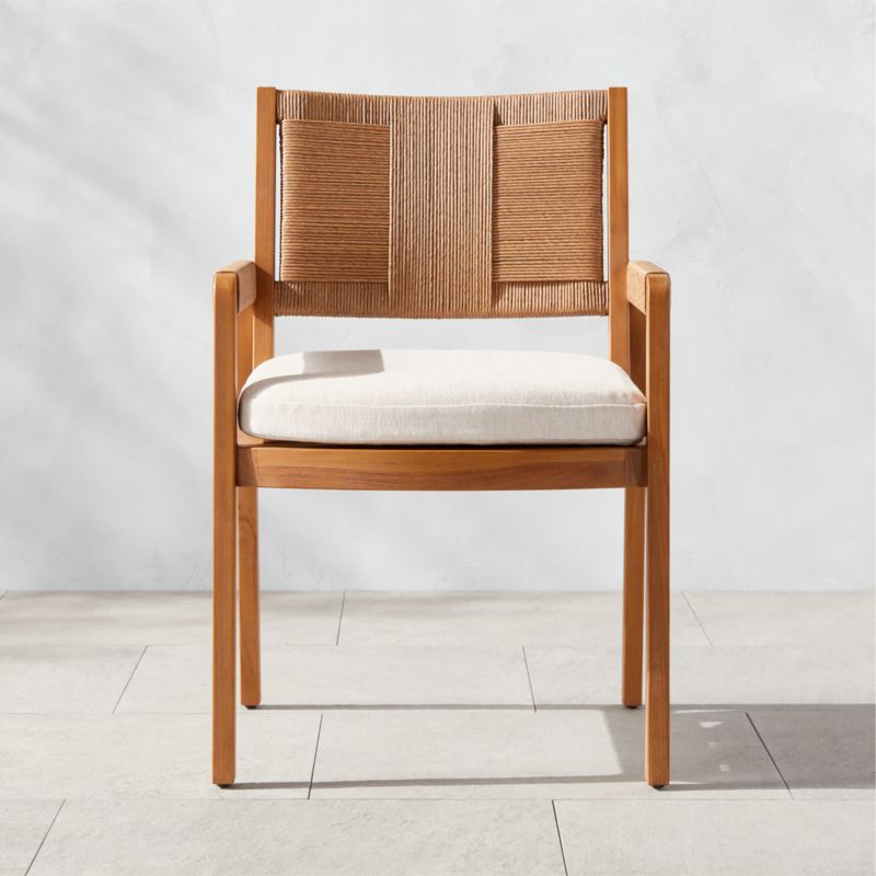 Roc Teak and Rattan Dining Armchair with Ivory Sunbrella® Cushion - image 0 of 12