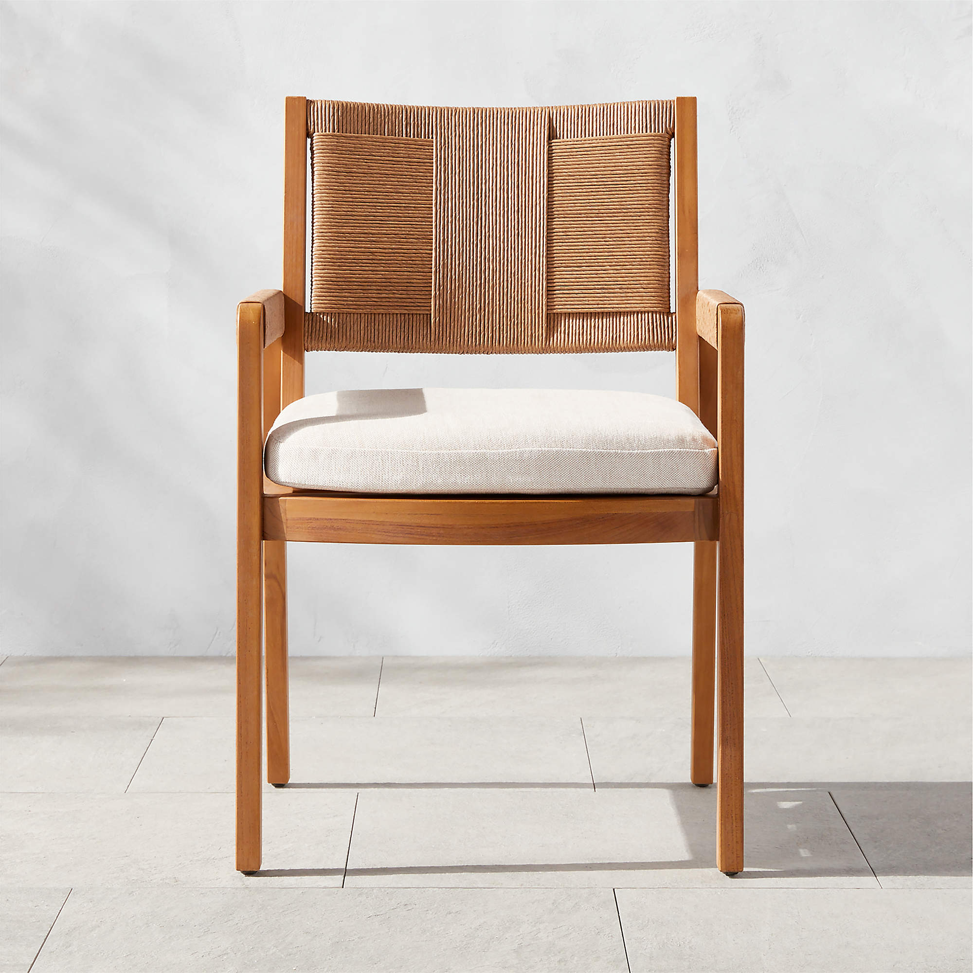 Roc Modern Teak and Rattan Outdoor Dining Armchair with White Sunbrella