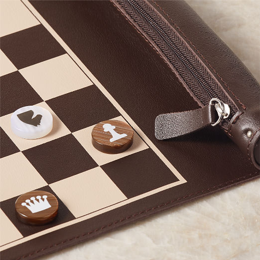 Voyage Brown Leather and Resin Travel Chess/Checkers Set