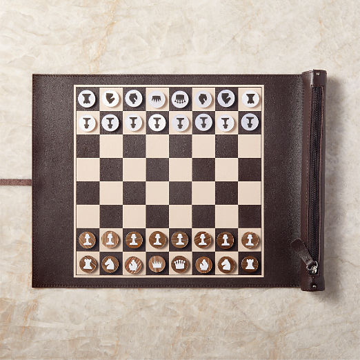 Voyage Brown Leather and Resin Travel Chess/Checkers Set