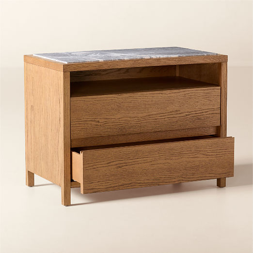 Welton 2-Drawer Oak Nightstand with Grey Marble Top