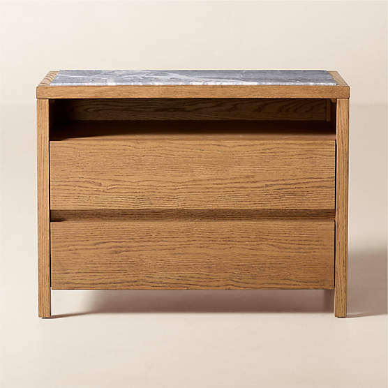 Welton 2-Drawer Oak Nightstand with Grey Marble Top