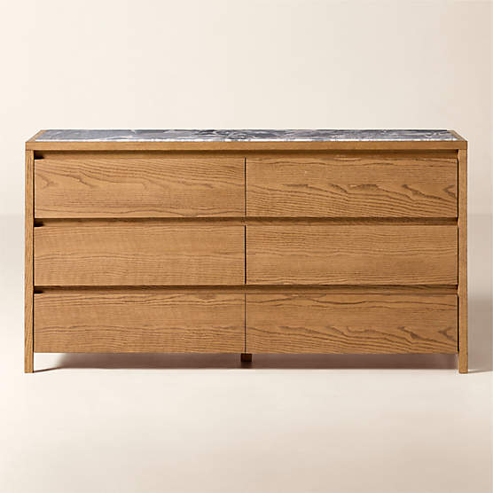 Welton 64" Oak 6-Drawer Dresser with Grey Marble Top