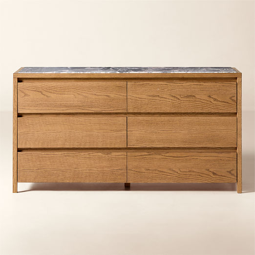Welton 64" Oak 6-Drawer Dresser with Grey Marble Top