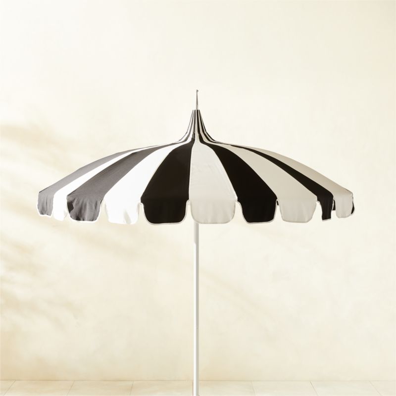 Pagoda Round Black & Natural White Stripe Outdoor Umbrella with White Pole - image 0 of 5