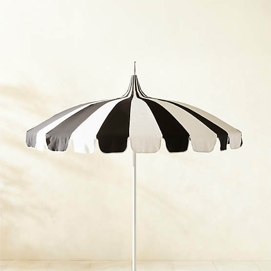 Pagoda Round Black & Natural White Stripe Outdoor Umbrella with White Pole