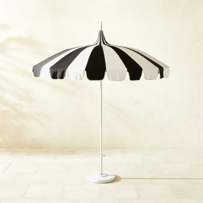 Pagoda Round Black & Natural White Stripe Outdoor Umbrella with White Base - image 0 of 5