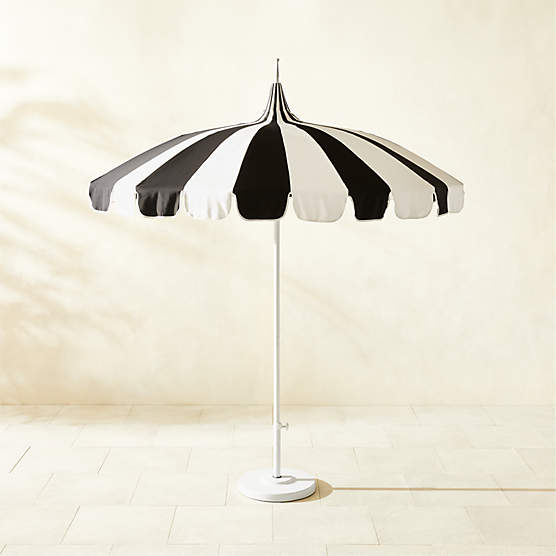 Pagoda Round Black & Natural White Stripe Outdoor Umbrella with White Base