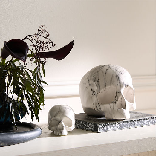 Halloween White Marbled Cement Decorative Skull Set of 2