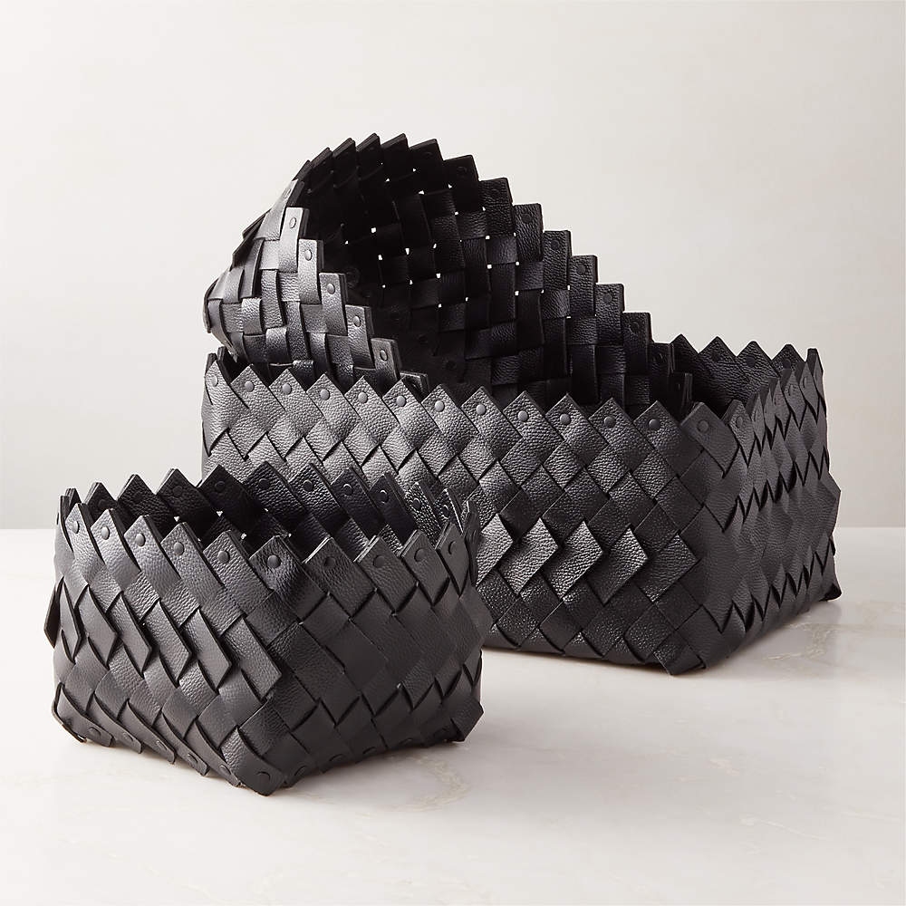 Willa Modern Woven Black Leather Decorative Storage Basket Small +