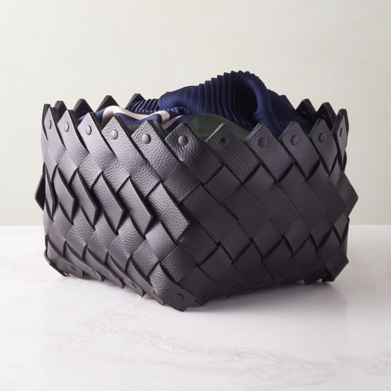 View Willa Woven Black Leather Storage Basket Small details