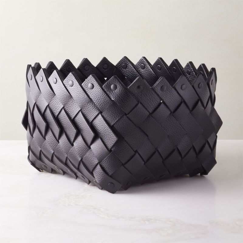 View Willa Woven Black Leather Storage Basket Small details