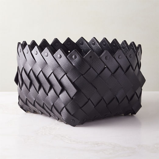 Willa Woven Black Leather Storage Basket Small