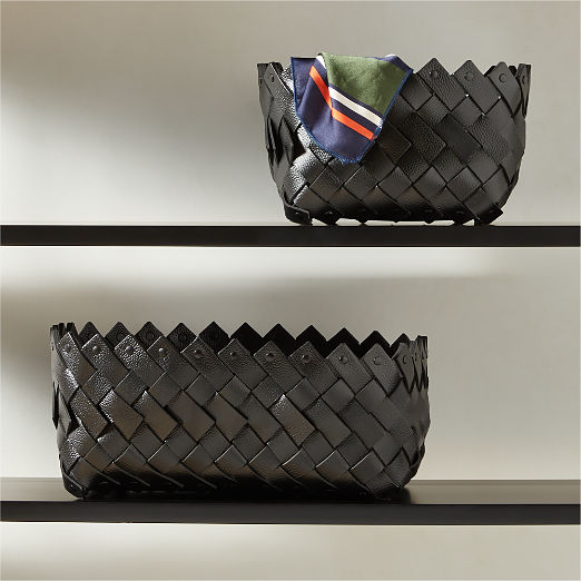 Willa Woven Black Leather Storage Basket Small