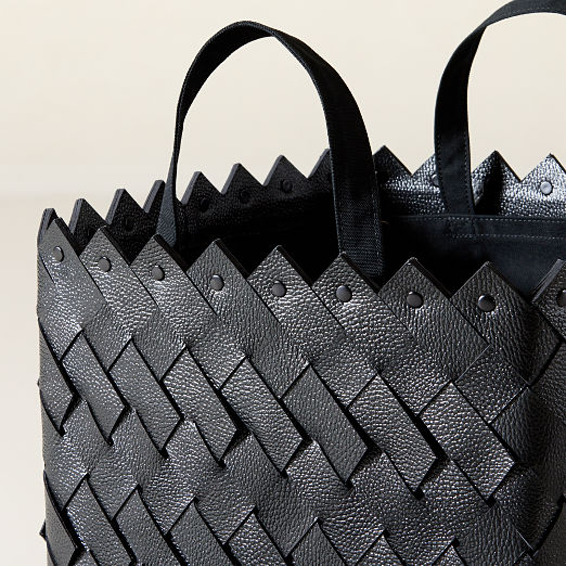 Willa Woven Black Leather Laundry Hamper