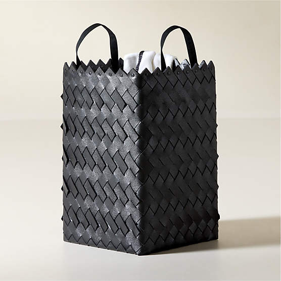 Willa Woven Black Leather Laundry Hamper