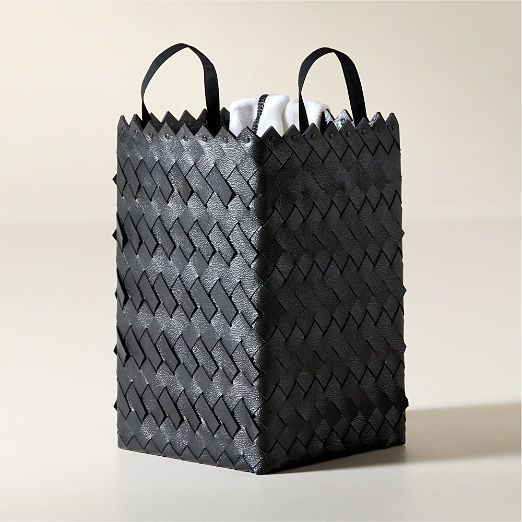 Willa Woven Black Leather Laundry Hamper