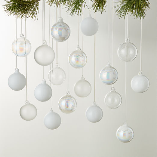 Winter White Glass Christmas Tree Ornaments Set of 18