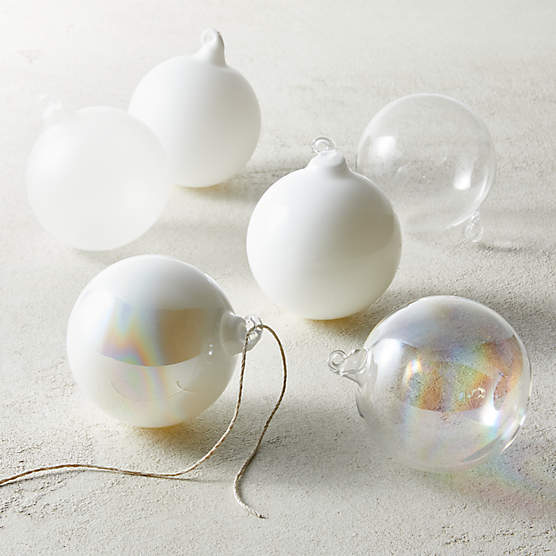 Winter Luster White Glass Christmas Tree Ornaments 3.25" Set of 6